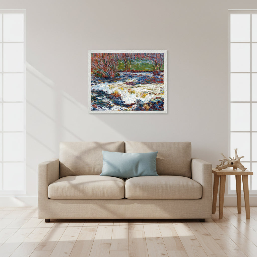 Framed print of O’Conor’s The Rushing Stream with a matte white wooden frame, styled in a coastal modern living room with soft blue and sand tones, airy sunlight, minimal decor, premium lifestyle mock-up, ultra-realistic lighting