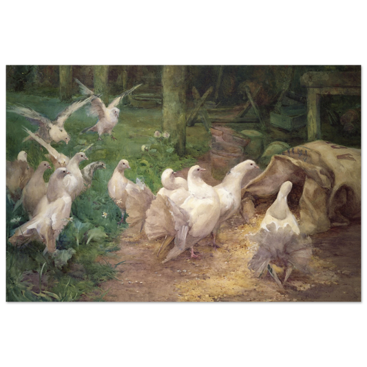 A Preliminary Investigation by Mildred Anne Butler, white birds gathering around a sack in a woodland yard