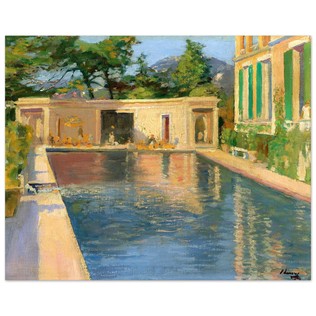 John Lavery swimming pool painting, blue water, cypress trees and yellow villa, flat artwork view
