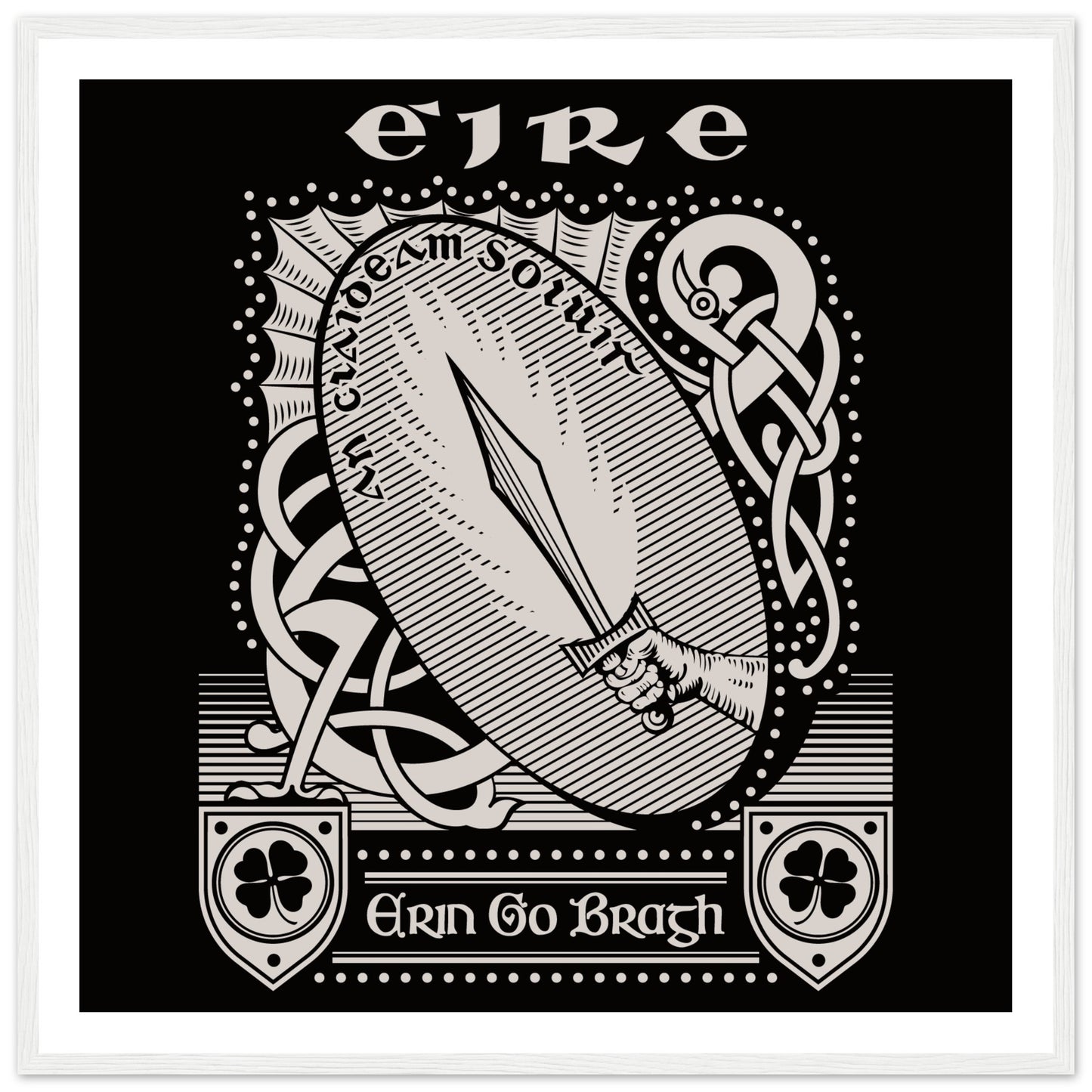 Erin Go Bragh design with shamrock shields and Celtic knotwork, print in a white frame