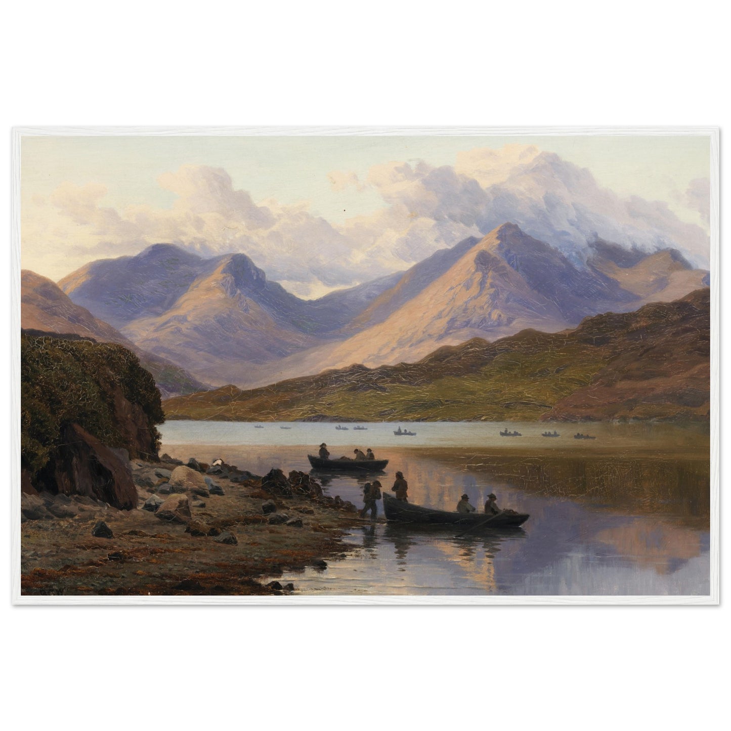 Irish landscape art print of A View of the Killaries, from Leenane – framed museum-quality reproduction depicting fishermen on Killary Fjord with Mweelrea mountain in the background. 60x90cm White Framed Print Buy Irish Art