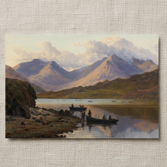 A View of the Killaries art print by Bartholomew Colles Watkins, unframed archival matte paper, showing Killary Fjord, mountains and fishing boats. archival print resting on light linen fabric. Soft natural daylight, gentle shadows, artisanal fine-art photography style.