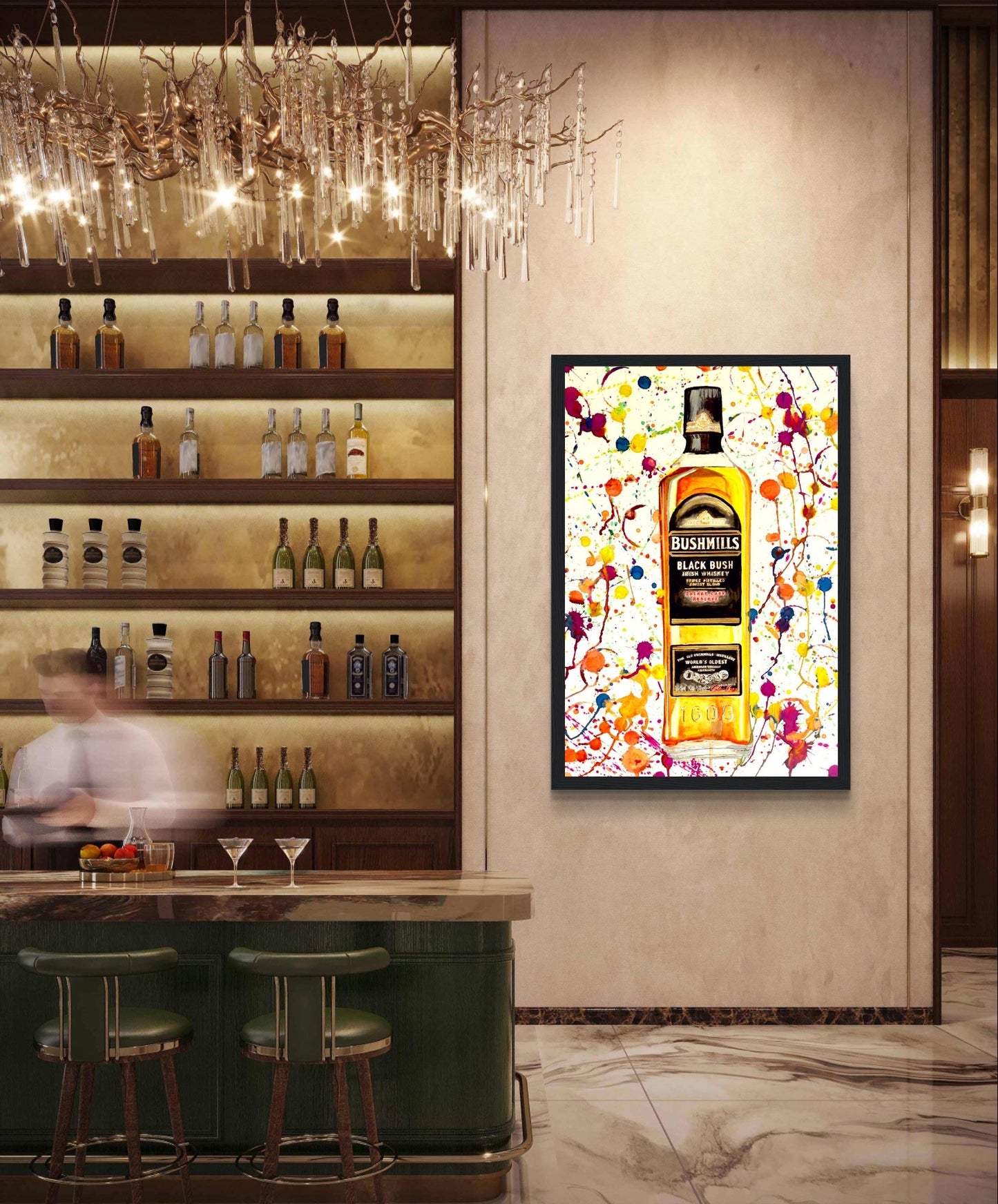 Wall Art Prints of Bushmills Black Bush whiskey bottle in Bushmills, Northern Ireland, near Giant's Causeway. Perfect for whiskey lovers and those who appreciate Irish craftsmanship. Hotel Lounge Bar Whiskey Collection.
