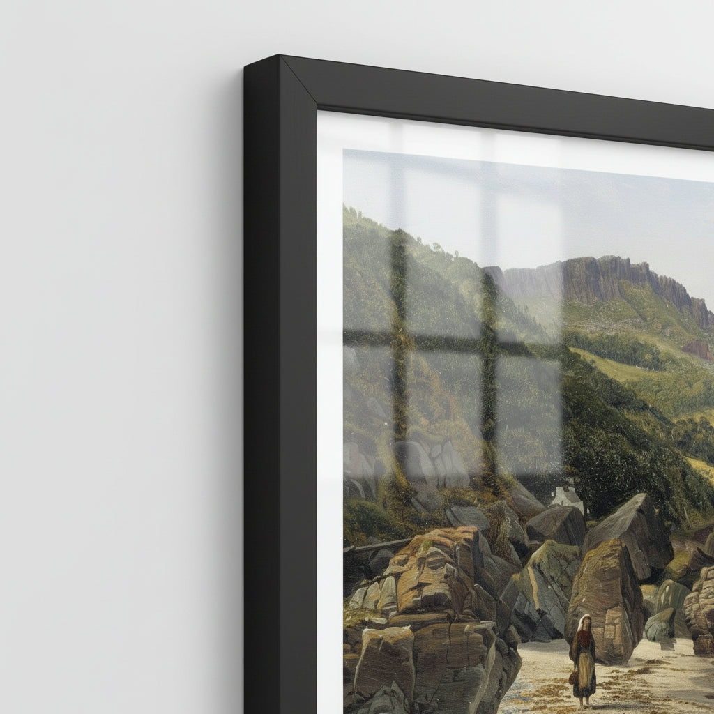Close-up shot of the Collector’s Edition Murlough Bay and Fair Head print showing fine paper texture, sharp detail in rocks and waves, Black frame corner and shatterproof plexiglass edge, soft side lighting, museum-quality feel