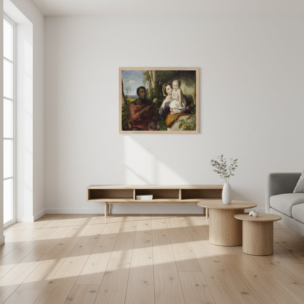 Collector’s Edition framed The Toy-Seller print displayed in a Scandinavian living room with oak floors, white walls, and minimalist décor. High-end editorial style.