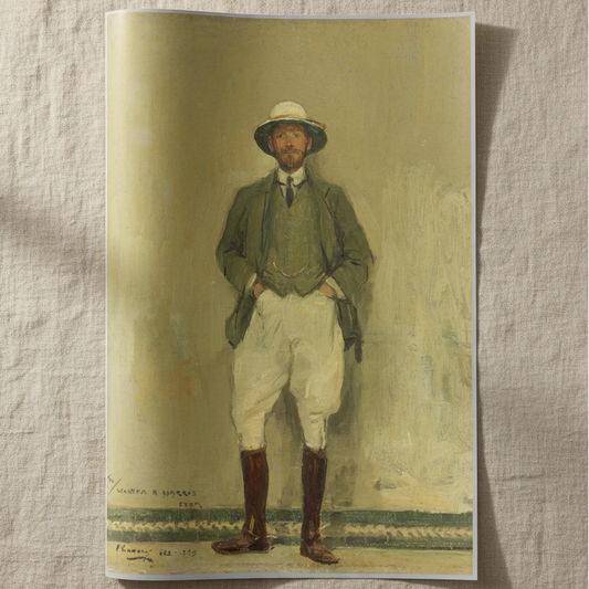 Portrait of Walter B. Harris (1906) – John Lavery Collector’s Edition unframed archival print resting on light linen fabric. Soft natural daylight, gentle shadows, artisanal fine-art photography style.