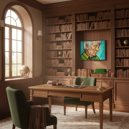 Seamus Heaney framed art print displayed in an elegant Irish wood-panelled library with green armchairs and bookshelves – premium literary wall art decor