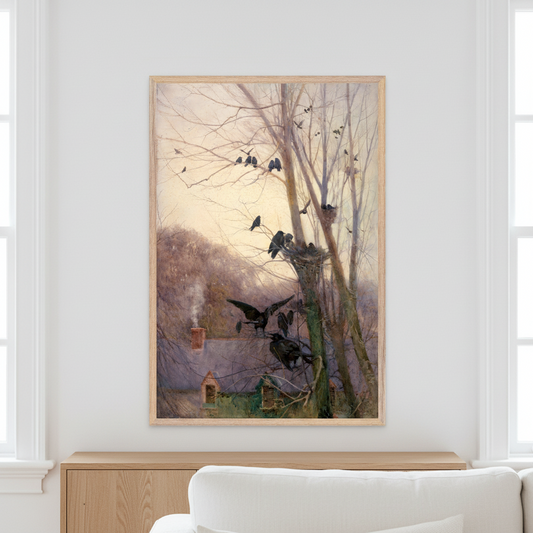 Shades of Evening by Mildred Anne Butler in a natural oak frame above a sofa in a bright white panelled room