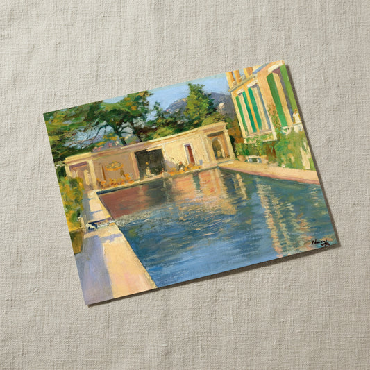 Swimming Pool, Southern France – Sir John Lavery Collector’s Print 40×50 cm unframed archival print resting on light linen fabric. Soft natural daylight, gentle shadows, artisanal fine-art photography style.