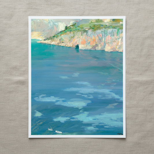 The Little White Boats, Cap Ferrat by Sir John Lavery – 40x50 cm Collector’s Edition museum-quality unframed seascape print, expansive blue water with distant white boats and rocky headland