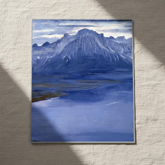 Twilight, Lake Geneva by Irish Artist John Lavery Art Print 40×50 cm unframed archival print resting on light linen fabric. Soft natural daylight, gentle shadows, artisanal fine-art photography style.