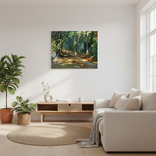 Unframed 40×50 cm print displayed on a white wall in a minimalist living room with oak furnishings, linen textures and potted greenery