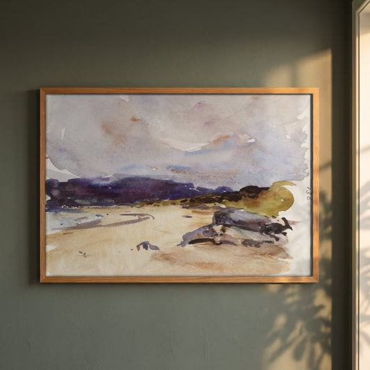 A Bay and Distant Mountains framed print in a natural oak frame on a dark green wall beside a window, dappled plant shadow