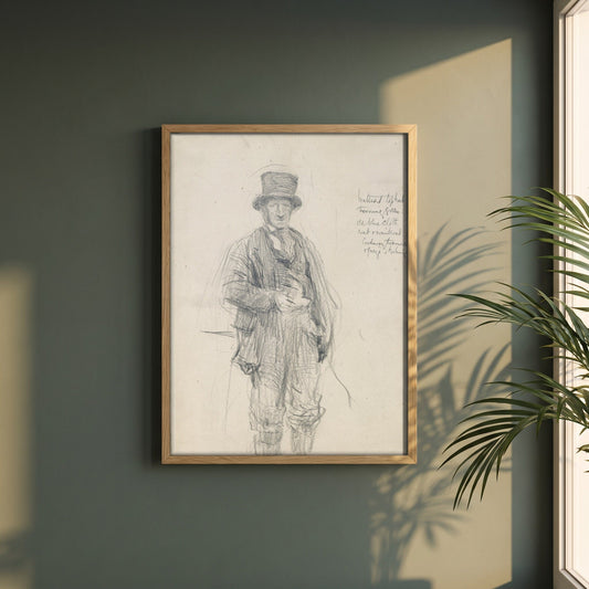 A Galway Man framed print in a natural oak frame on a dark green wall beside a window, dappled plant shadow