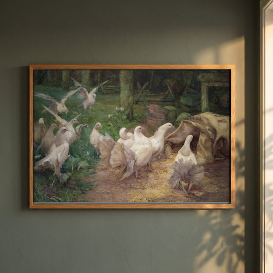 A Preliminary Investigation framed print in a natural oak frame on a dark green wall beside a window, dappled plant shadow