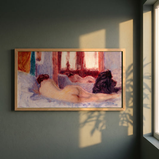 A Reclining Figure before a Mirror framed print in a natural oak frame on a dark green wall beside a window, dappled plant shadow