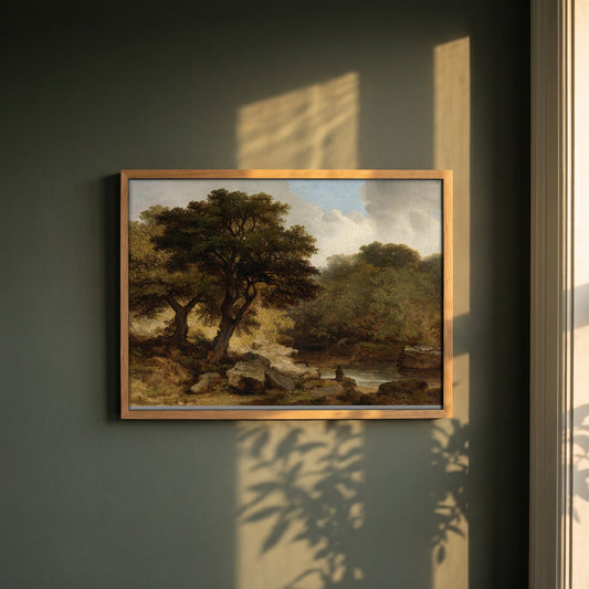 Glen of the Dargle by James Arthur O'Connor framed print in a natural oak frame on a dark green wall beside a window, dappled plant shadow