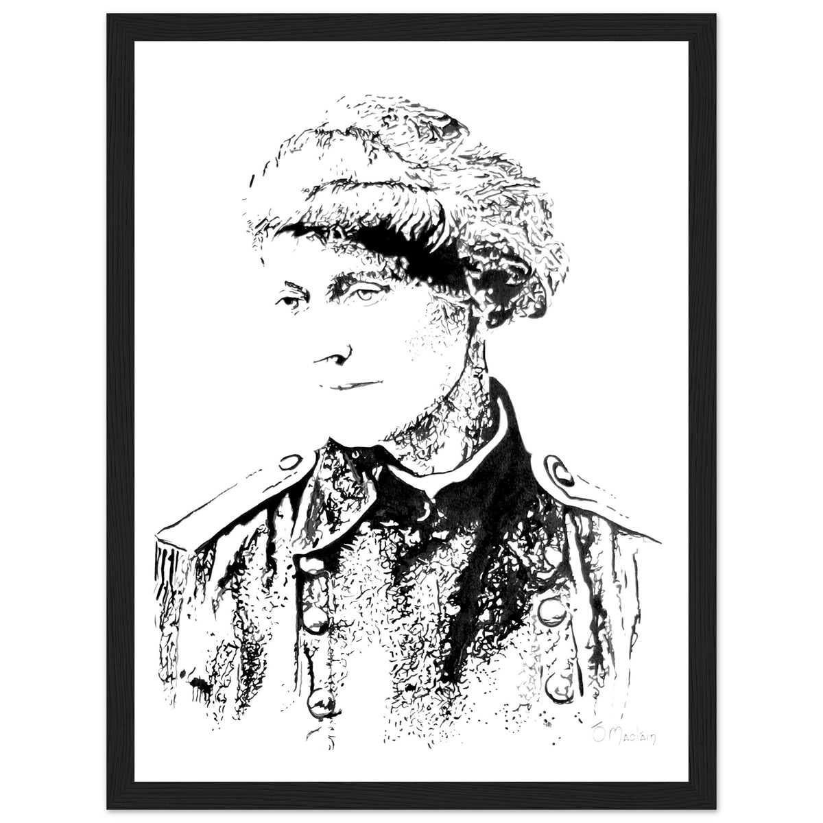 Constance Markievicz in uniform and hat, black and white portrait print in a wide black frame