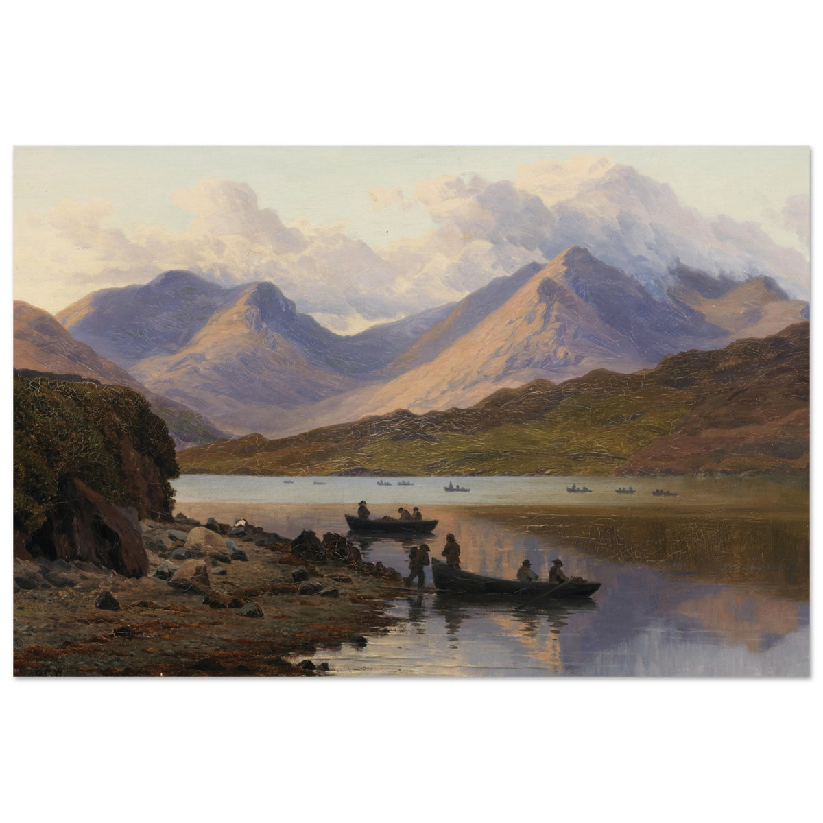 A View of the Killaries, from Leenane by Bartholomew Colles Watkins, Irish landscape painting of mountains and boats