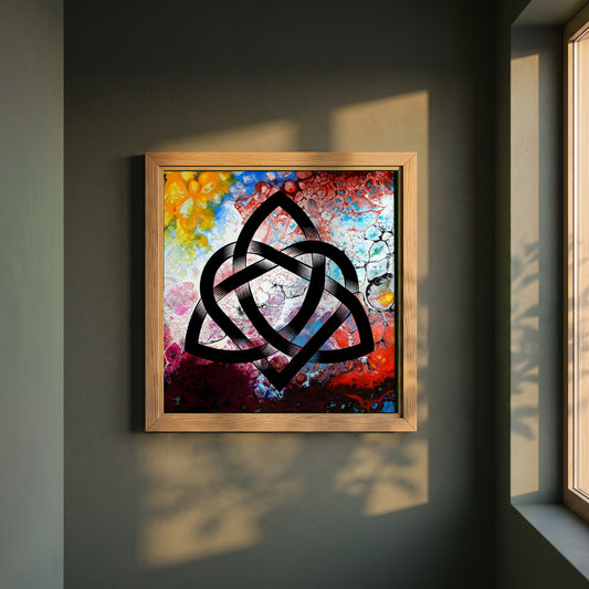 Abstract Celtic Design framed print in a natural oak frame on a dark green wall beside a window, dappled plant shadow