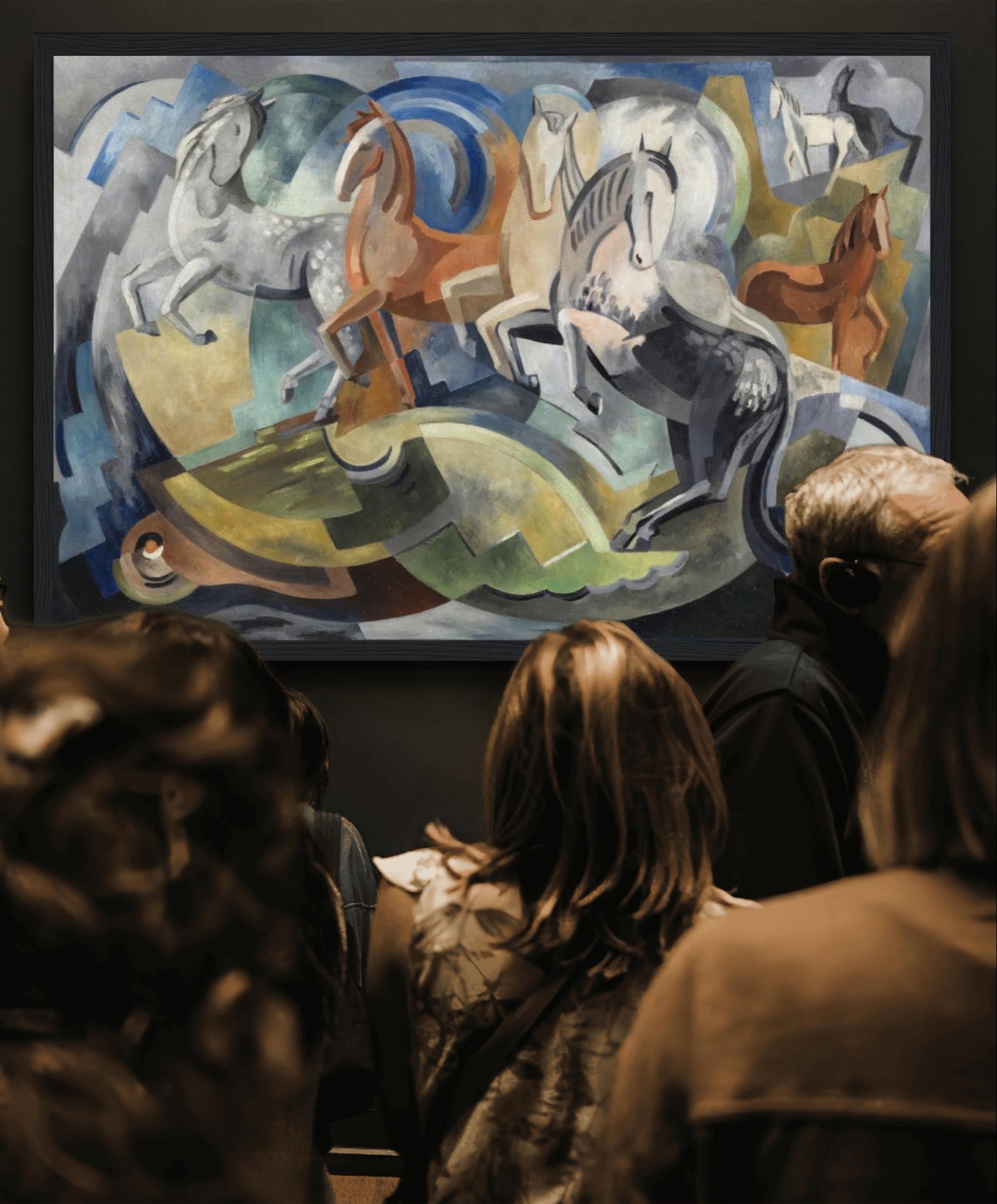 Framed print of 'Achill Horses' by Mainie Jellett hanging in a modern art gallery wall, showcasing abstract Irish landscape in Cubist style.