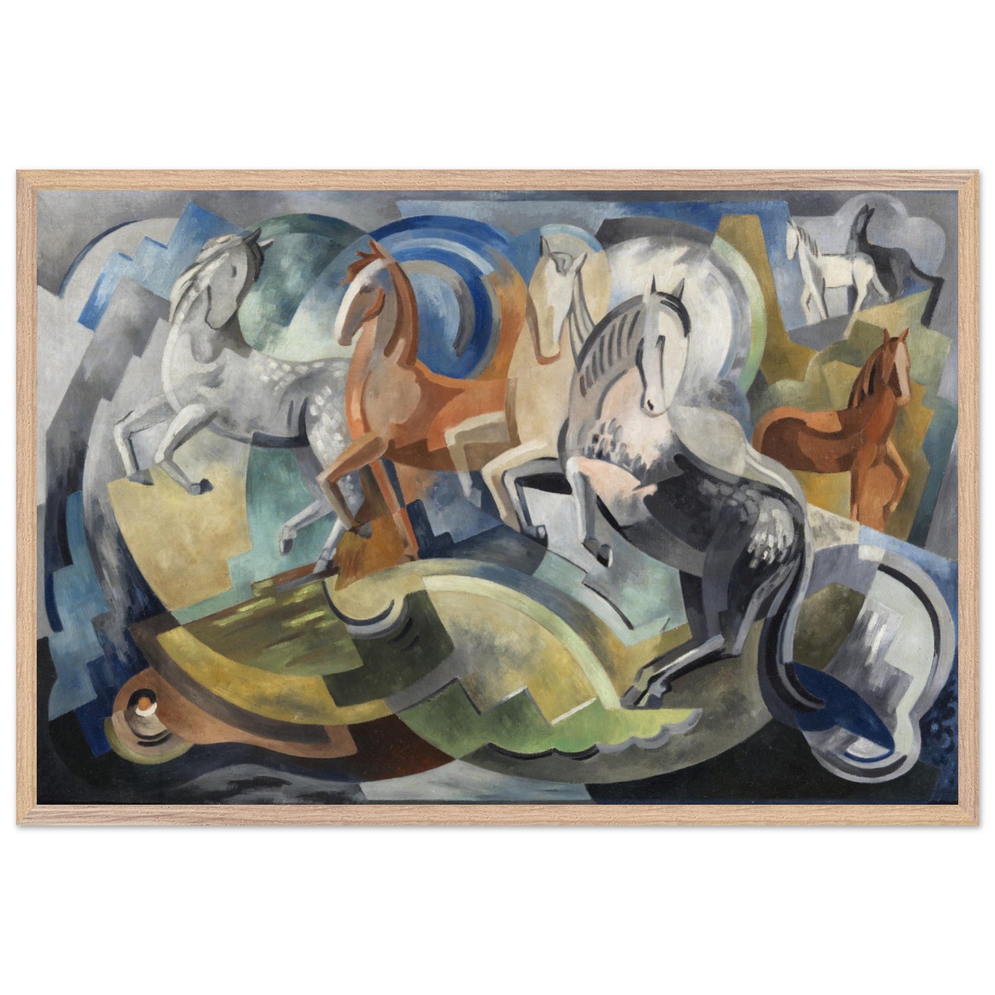 Framed print of 'Achill Horses' by Mainie Jellett hanging on a modern living room wall, showcasing abstract Irish landscape in Cubist style.
