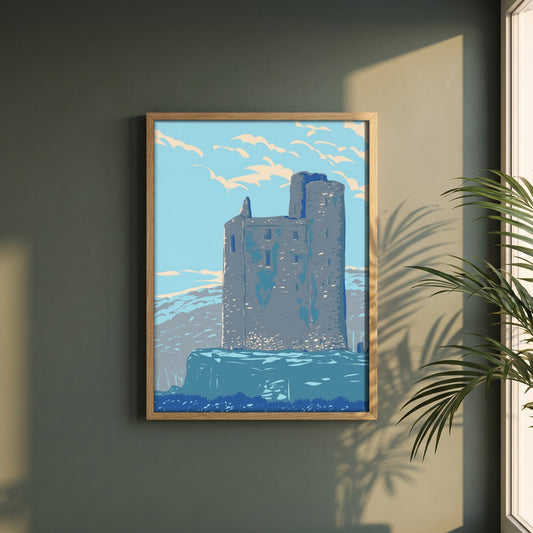 Ballinalacken Castle, County Clare retro travel print in a natural oak frame on a dark green wall beside a window, dappled plant shadow