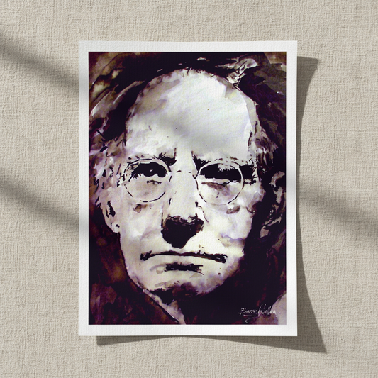 Sean O'Casey portrait unframed print with white border lying on linen in window light