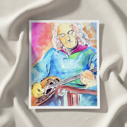 Alec Finn of De Dannan playing the bouzouki, unframed portrait print on a linen surface
