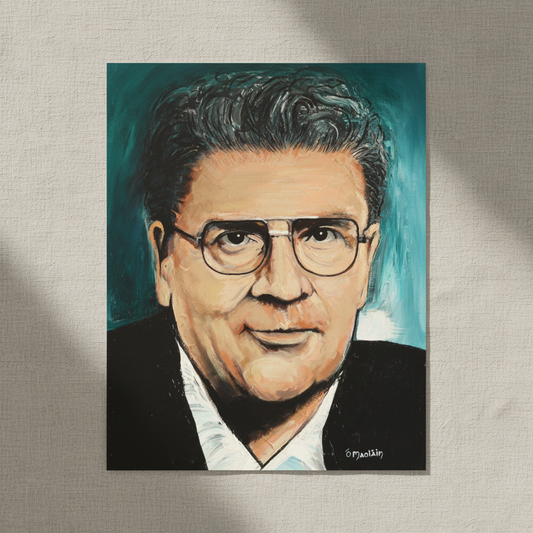 John Hume portrait unframed print resting on linen in soft daylight