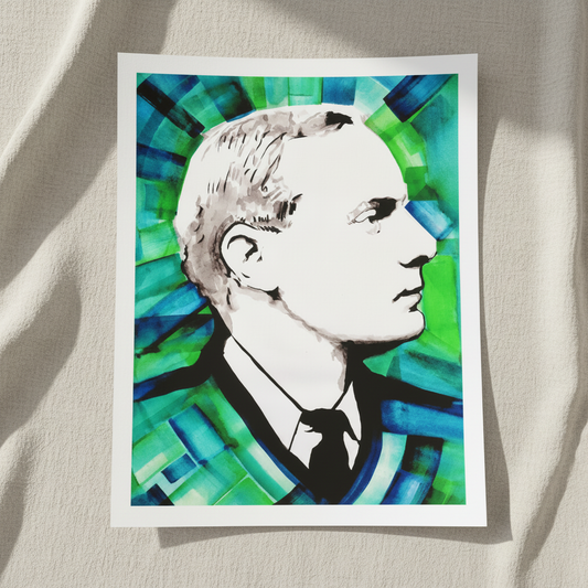 Patrick Pearse portrait unframed print on linen, profile on green and blue background