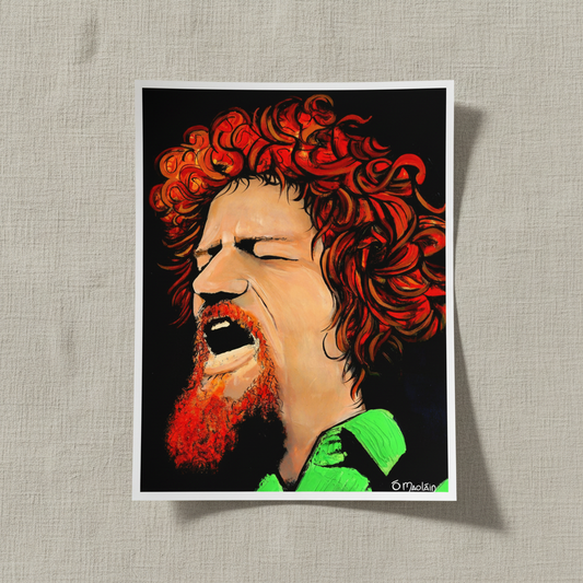 Luke Kelly portrait unframed print with white border resting on linen