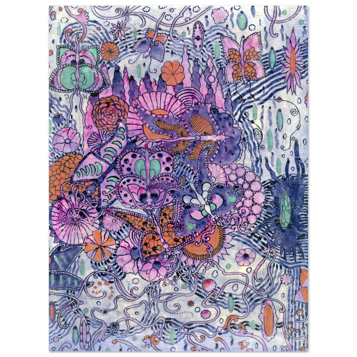 Harry Clarke 1918 butterfly textile pattern, unframed print of ornate purple and orange motifs