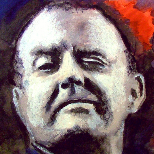 Detail of the Christy Moore portrait showing his face in expressive white, blue and red brushwork
