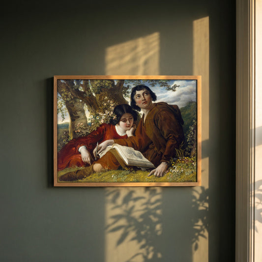 Claude Lorrain Sketching framed print in a natural oak frame on a dark green wall beside a window, dappled plant shadow