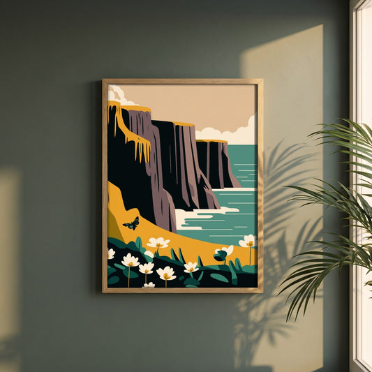 Cliffs of Moher, County Clare framed print in a natural oak frame on a dark green wall beside a window, dappled plant shadow