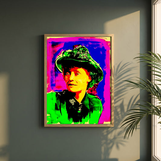 Countess Markievicz framed print in a natural oak frame on a dark green wall beside a window, dappled plant shadow