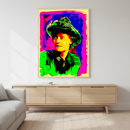 Countess Markievicz portrait print framed above a light oak sideboard beside a grey sofa