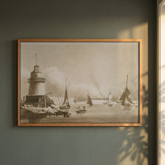 Dublin Harbour from Poolbeg Lighthouse framed print in a natural oak frame on a dark green wall beside a window, dappled plant shadow