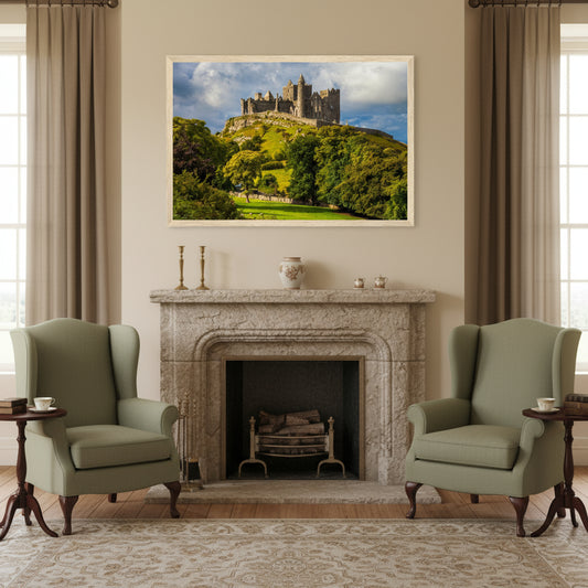 Rock of Cashel framed print above a stone fireplace between two green wingback chairs in a period room