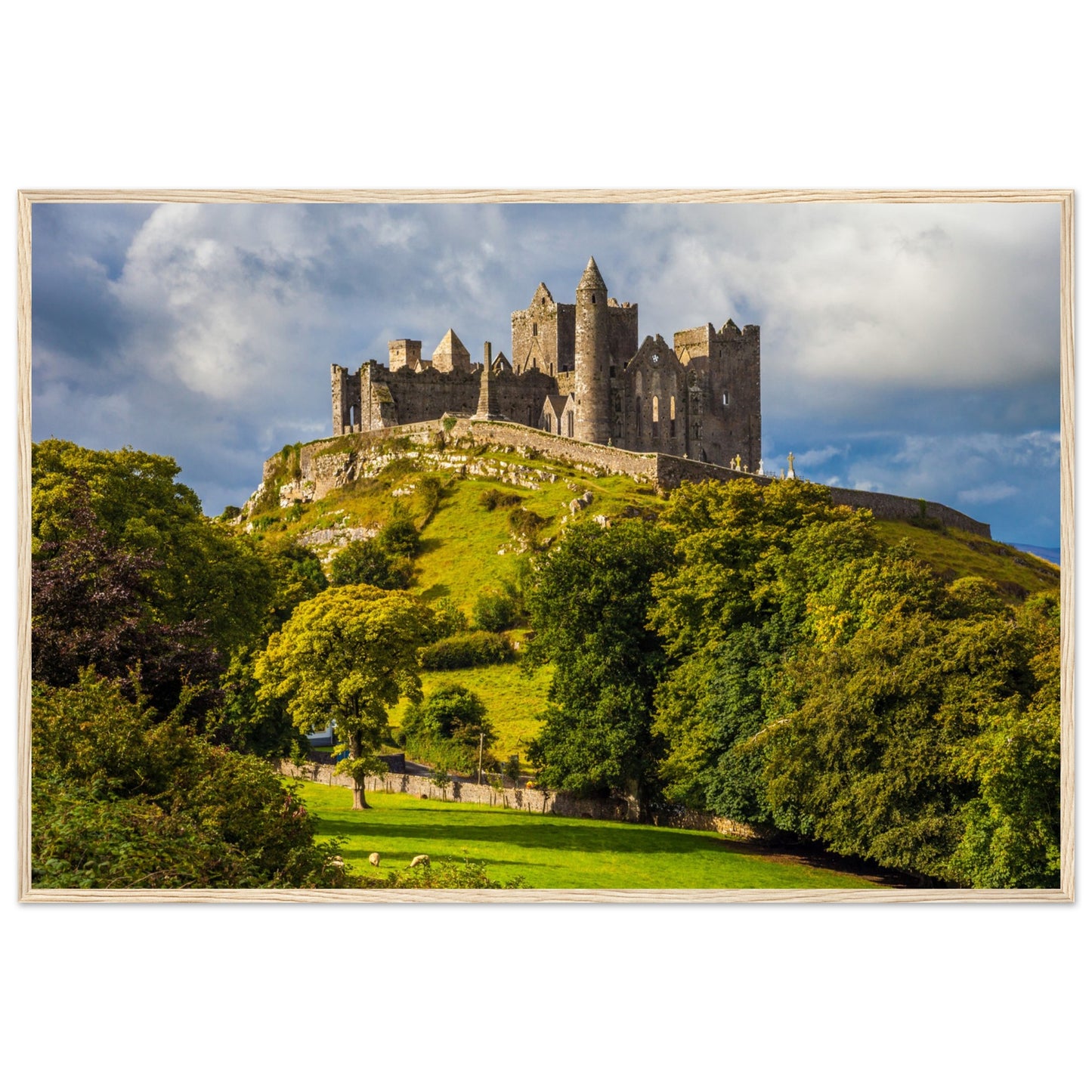 Rock of Cashel print in a natural oak frame, castle ruins above trees and green fields, Tipperary