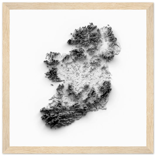 Ireland 3D relief topography map print in a natural oak frame, black and white shaded mountains and coastline