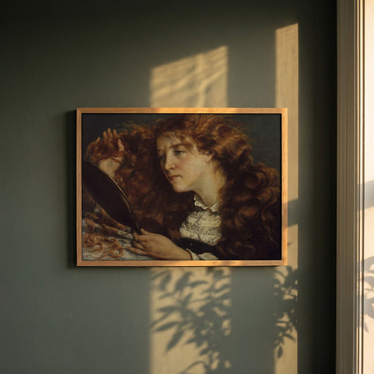 Jo, La Belle Irlandaise by Gustave Courbet framed print in a natural oak frame on a dark green wall beside a window, dappled plant shadow