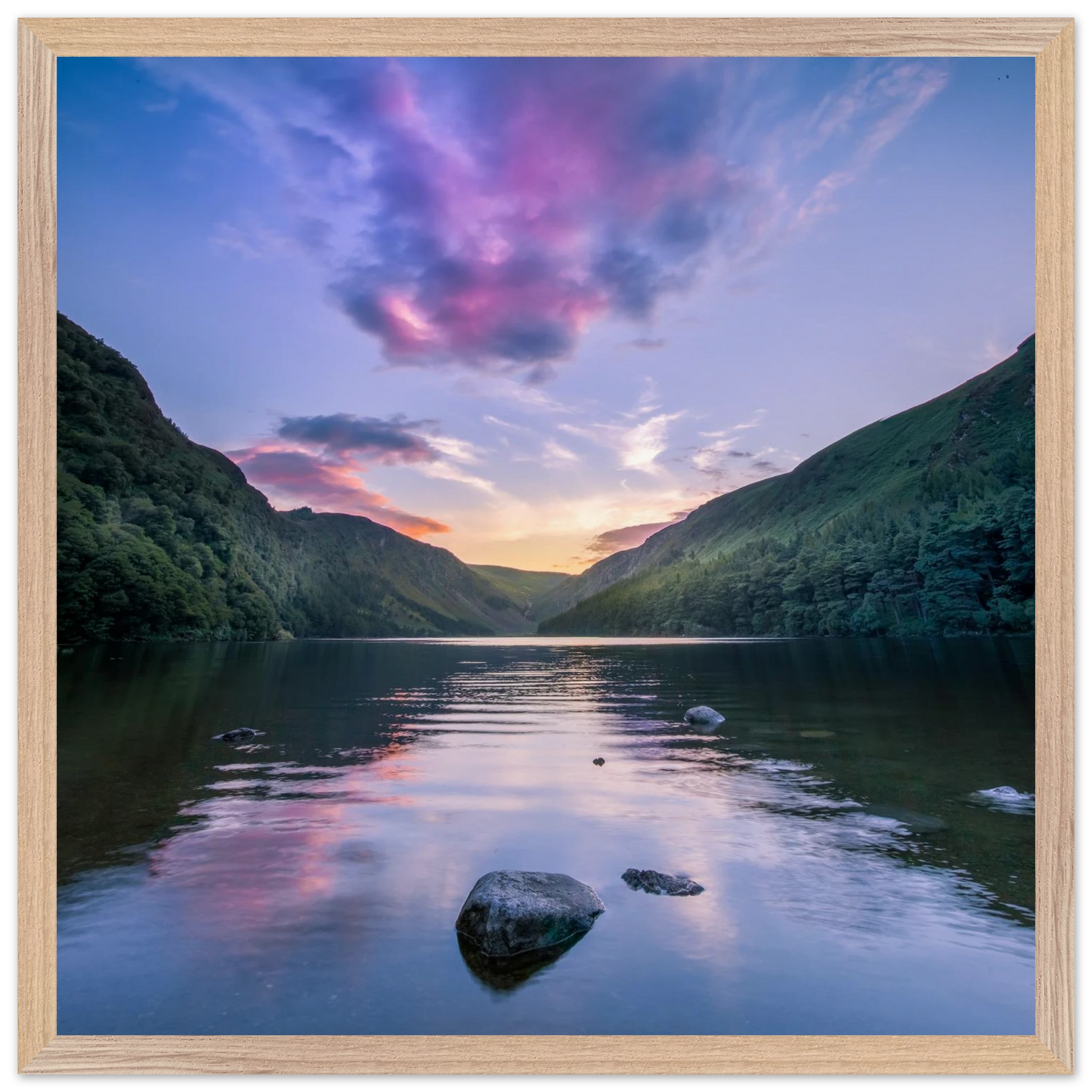 Glendalough Upper Lake framed Irish wall art in natural oak wood frame, premium matte finish