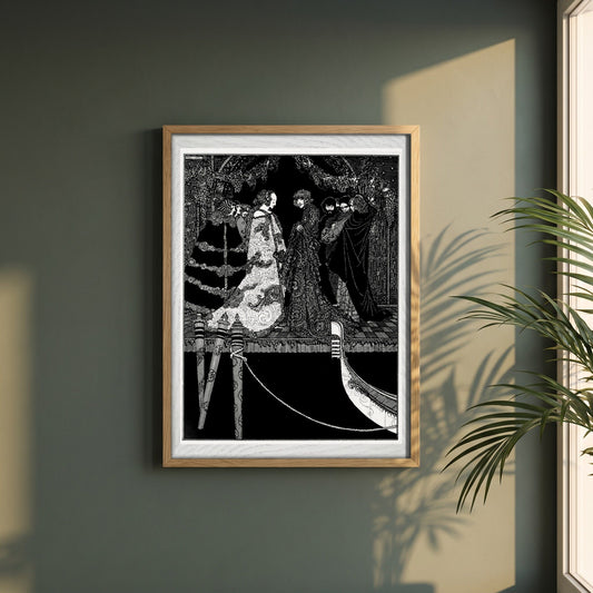 Marchesa Aphrodite by Harry Clarke framed print in a natural oak frame on a dark green wall beside a window, dappled plant shadow
