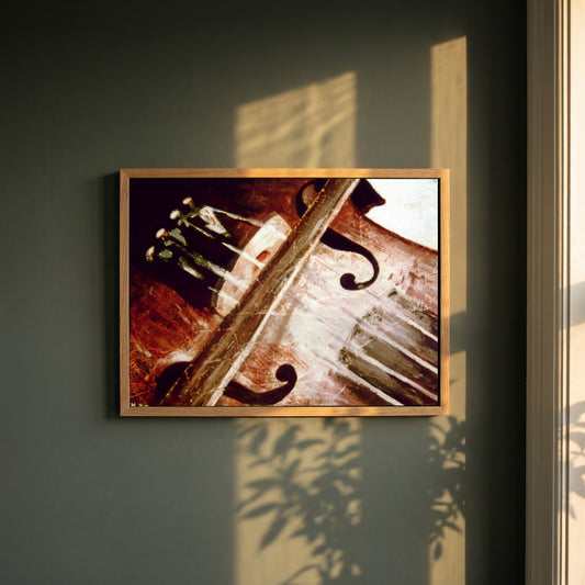 Irish Fiddle & Bow framed print in a natural oak frame on a dark green wall beside a window, dappled plant shadow
