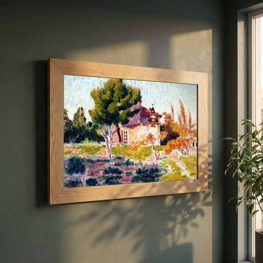 La Rose du Ciel, Cassis framed print in a natural oak frame on a dark green wall beside a window, dappled plant shadow