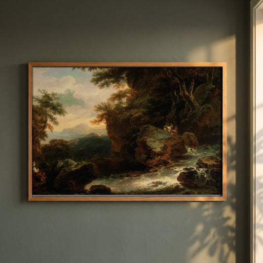 Landscape by Thomas Sautelle Roberts framed print in a natural oak frame on a dark green wall beside a window, dappled plant shadow