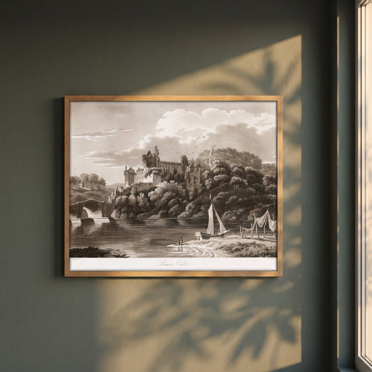 Lismore Castle by Thomas Sautelle Roberts Art Print framed print in a natural oak frame on a dark green wall beside a window, dappled plant shadow