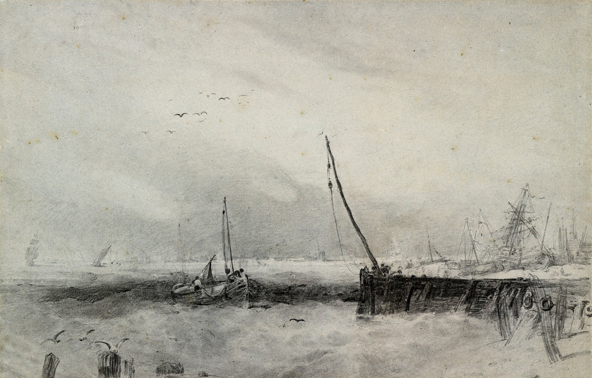 Vessels in a Squall off the Coast, black chalk drawing by William Mulready